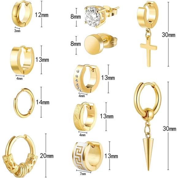 Mens Earrings 11 Pairs Stainless Steel Small Hoop Earrings Cross Dangle Men - Picture 5 of 5